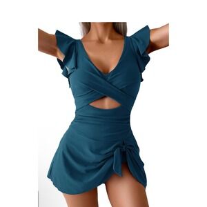 Aidonger Womens Teal Ruffle Cutout V-Neck Swim Dress One Piece XL NEW